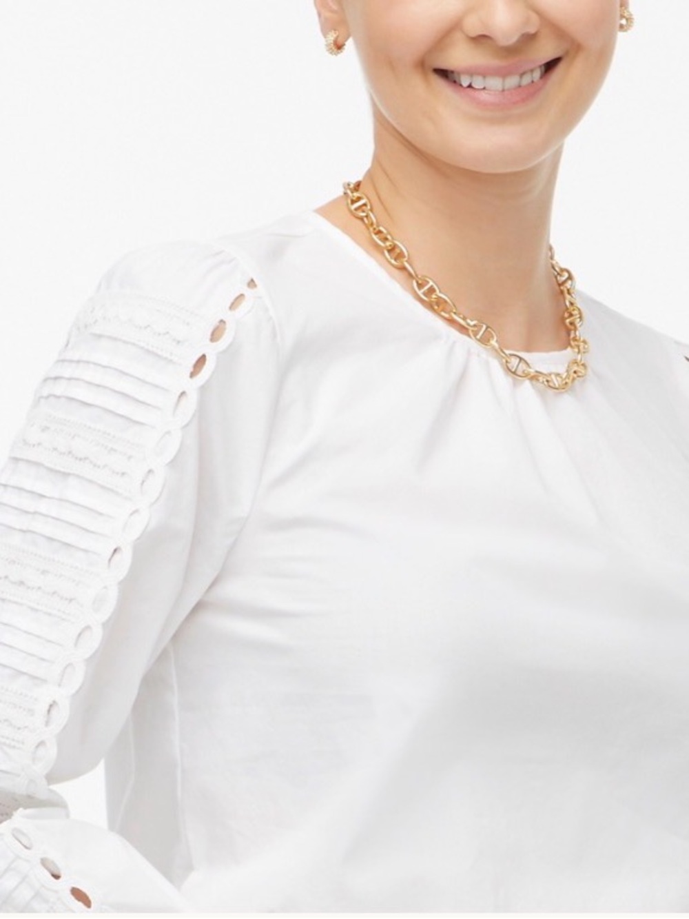 J. Crew White Eyelet Pintuck Sleeve Blouse Size Small